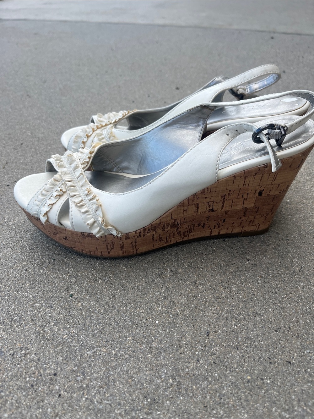 Aldo White Ruffle Strap Cork Wedges